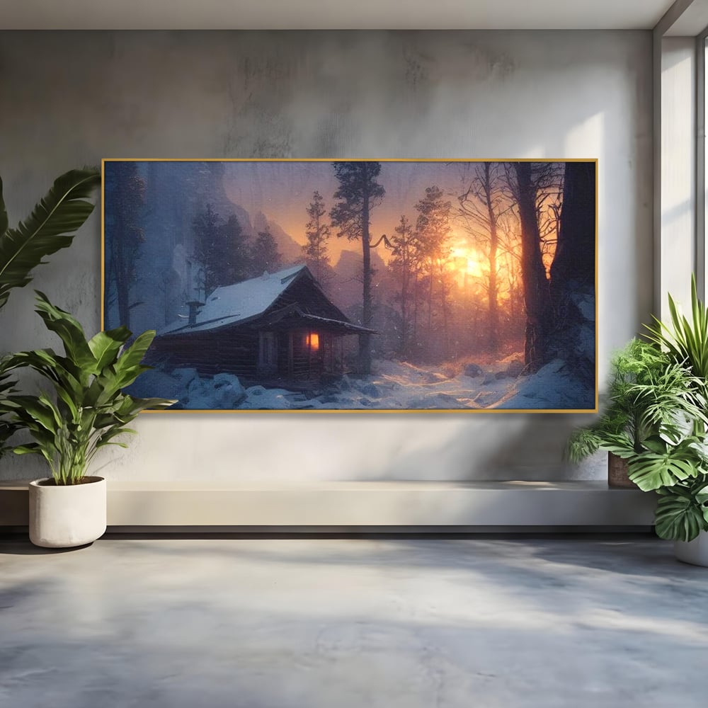 Tablou canvas cu tablou canvas cu cabana inzapezita, in rama de aluminiu auriu